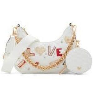 Aldo Amberly White Shoulder Bag with Gold Chain and 'LOVE' Patches